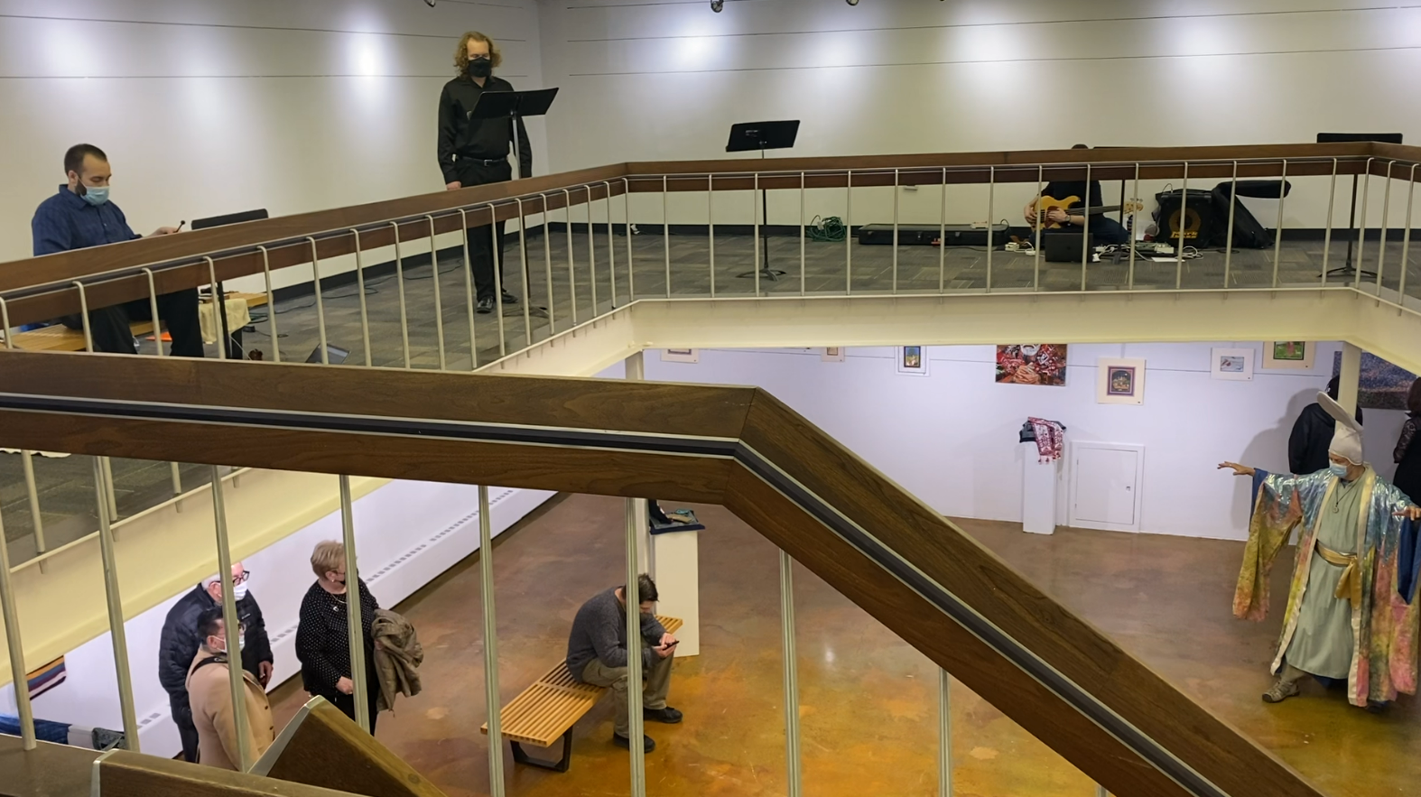 One performance on a second-floor level of an art gallery for the “Experiencing Time” project.