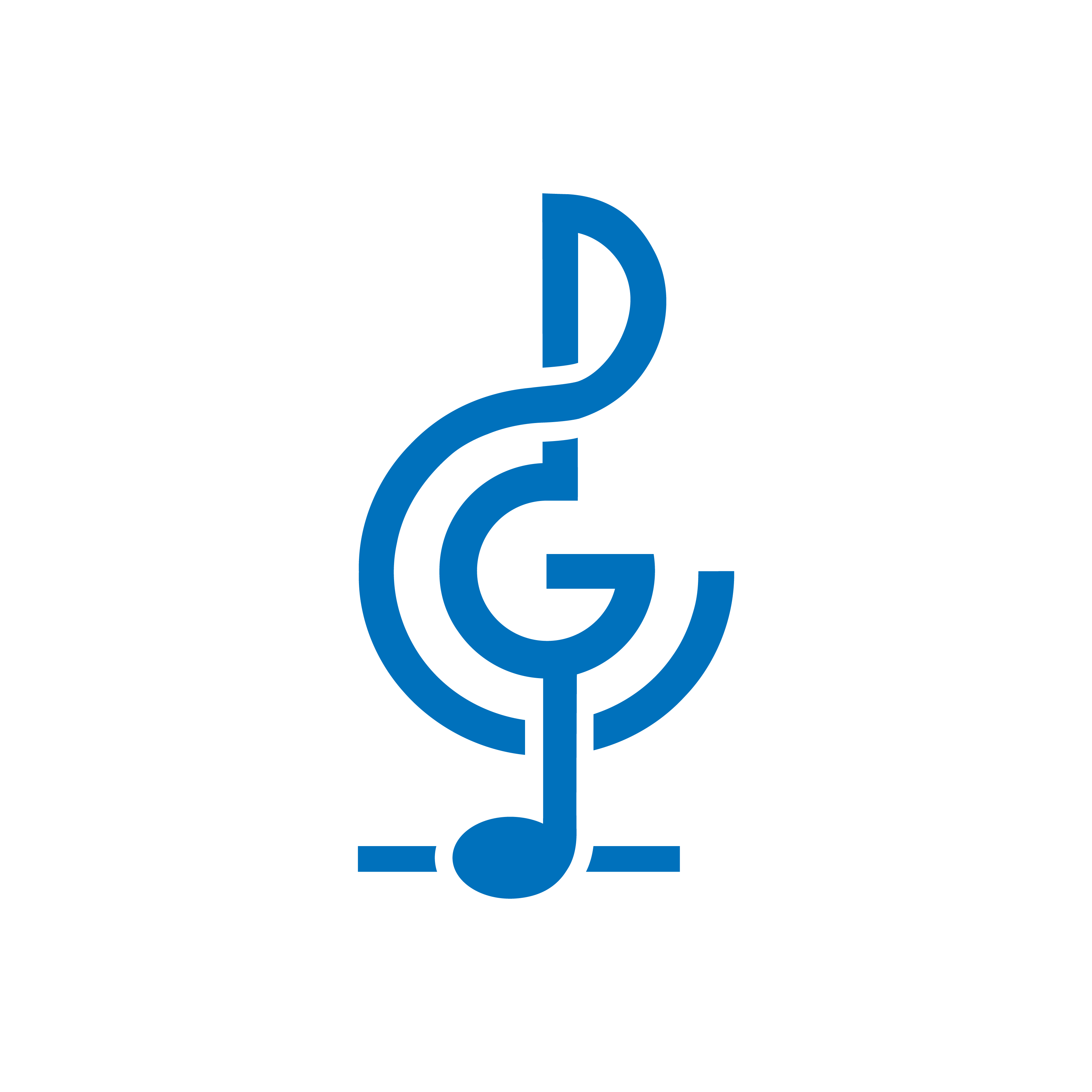Logo of composer Connor Gibbs; a treble clef designed to show his initials, with the end of the clef shaped as a quarter note on a ledger line below an invisible staff