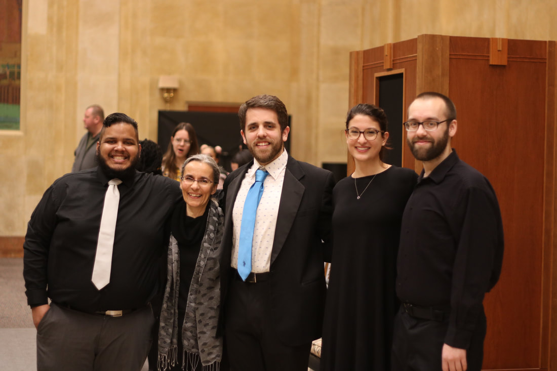 The instructional team of the Children's Chorus of Springfield (left to right): Efren Figueroa, Sylvie Tardif (piano), Kyle Ransom, Ava D'Agostino, Connor Gibbs.