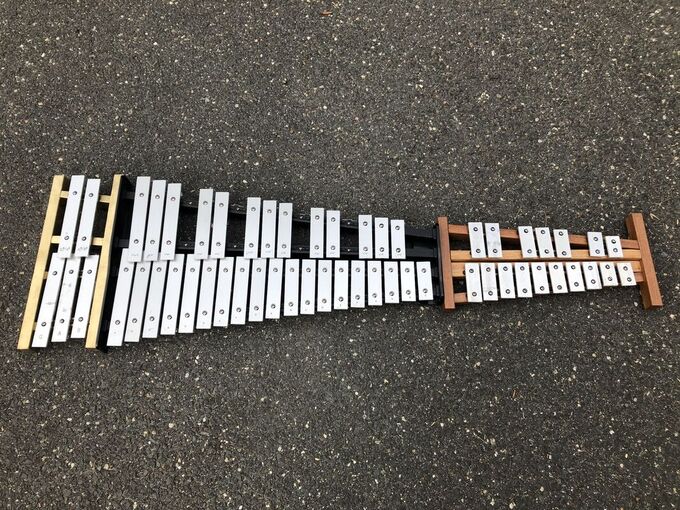 Combined glockenspiels: front side view of bass extension, standard instrument, and the Piccolo Glockenspiel.