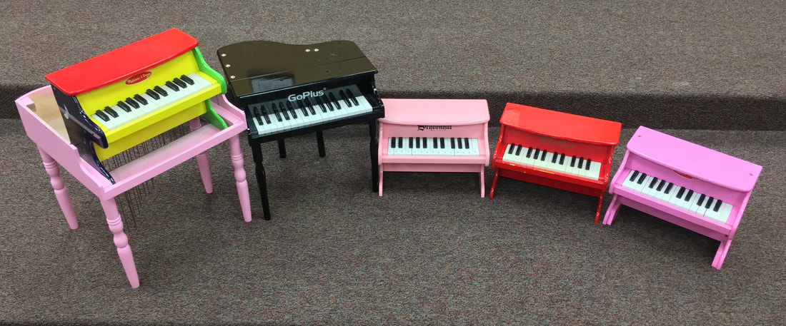 The Expanded Toy Piano is a collection of five toy pianos which produce a pitch range equivalent to 9 octaves.